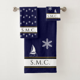 Modern Sailboat Snowflake Navy Blau Weiß Badhandtuch Set