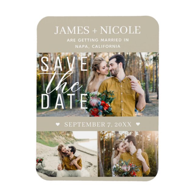 Modern Sand Beige Save the Date Hochzeit 3 Fotos Magnet (Vertikal)