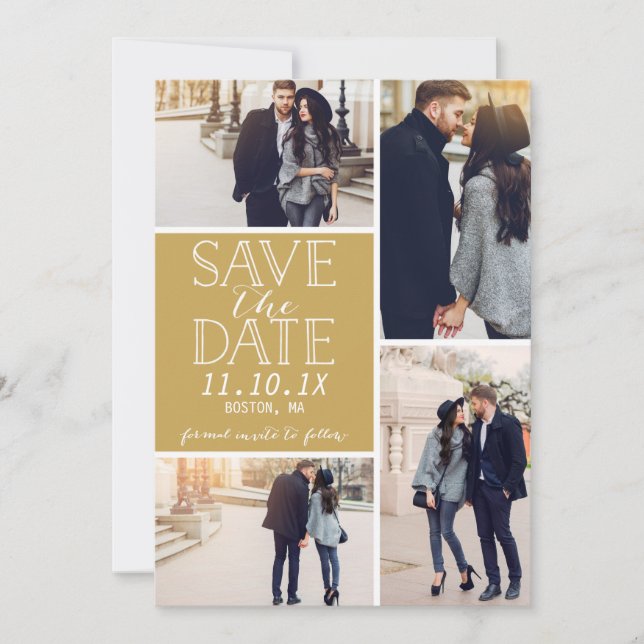 Modern Save the Date 4-Foto Collage Gold (Vorderseite)