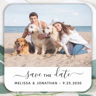 Modern Save the Date Couple Verlobung Pet Foto Quadratischer Aufkleber