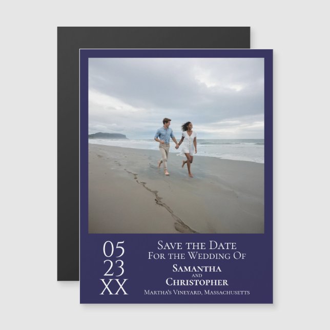 Modern Save the Date Foto Navy Blue Magnet (Vorne/Hinten)