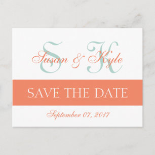 Modern Save the Date Minze Green Orange Monogram Ankündigungspostkarte