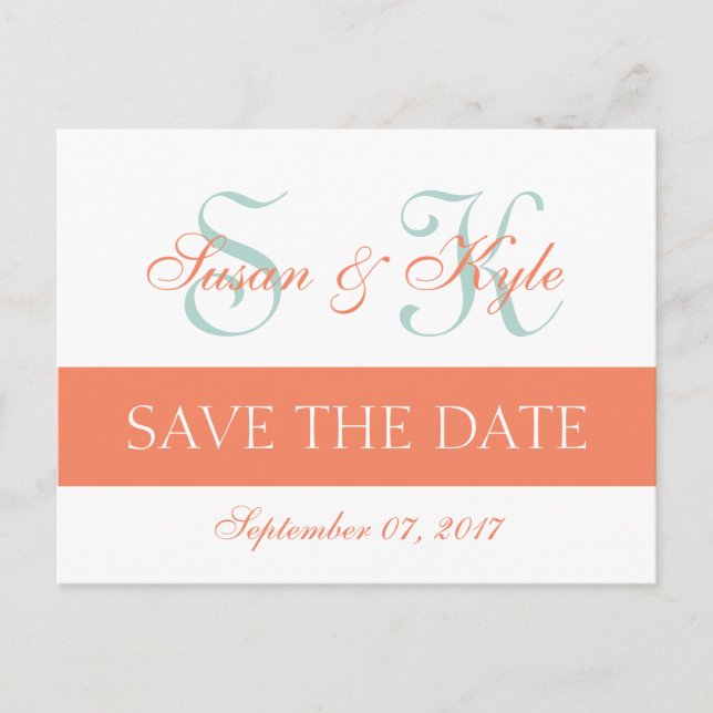 Modern Save the Date Minze Green Orange Monogram Ankündigungspostkarte (Vorderseite)