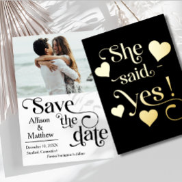 Modern Save the Date mit Foto - Sie sagte ja Folieneinladung