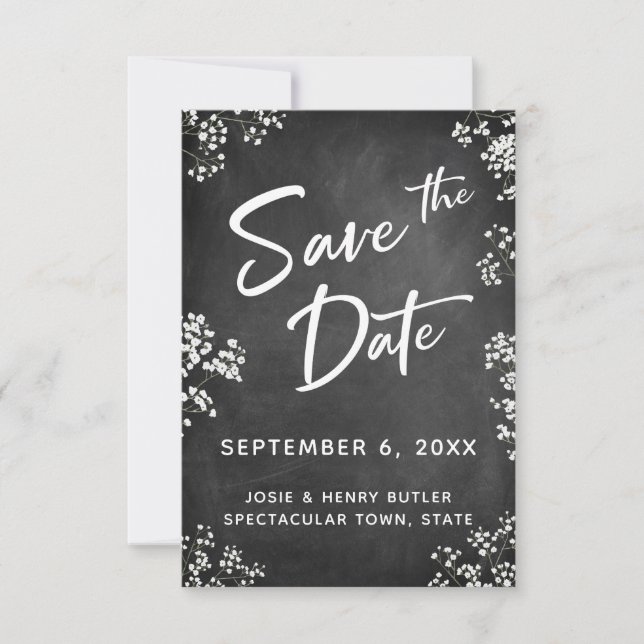 Modern Save the Date mit Gipskraut und Halbpension RSVP Karte (Vorderseite)