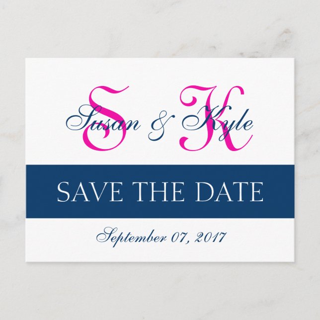 Modern Save the Date Navy Blue, Fuchsia (F400A1) Ankündigungspostkarte (Vorderseite)