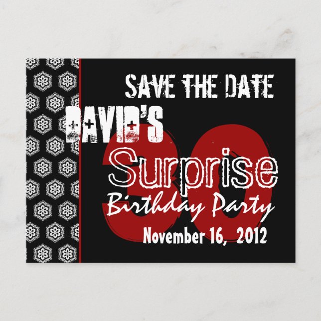 Modern Save the Date Surprise 30. Party V335 Ankündigungspostkarte (Vorderseite)