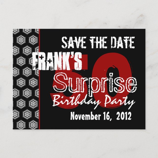 Modern Save the Date Surprise 50. Party V337 Ankündigungspostkarte (Vorderseite)