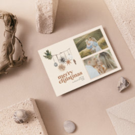 Modern Scandi Boho Neutral Familie 2 Foto froh Feiertagskarte
