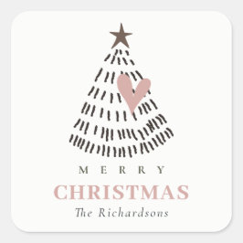 Modern Scandi Minimal Blush Heart Christmas Tree Quadratischer Aufkleber