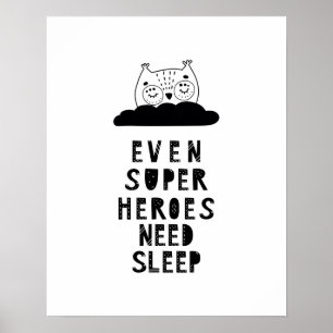 Modern scandi sleeping owl heroes nursery poster