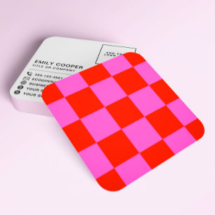 Modern Schachbrett-Checkerboard-Add-In Rot und Ros Quadratische Visitenkarte