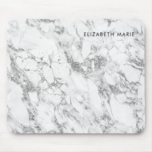 Modern-schick Weißgraue Silbergraue Glitzer Marmor Mousepad (Vorne)
