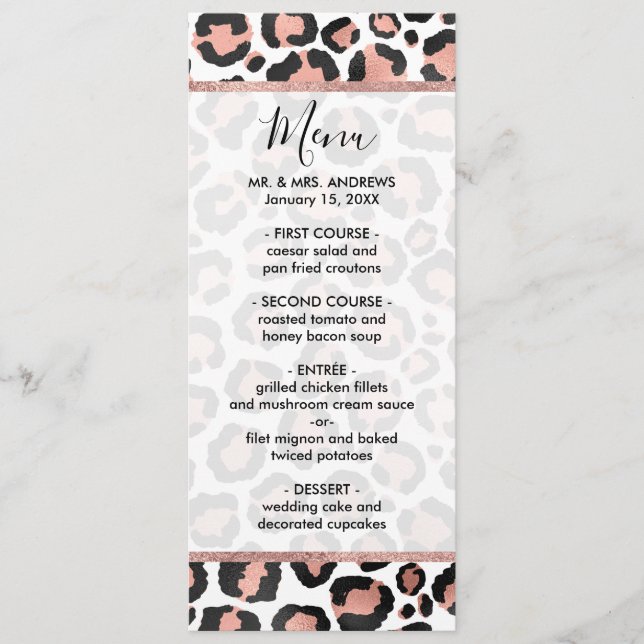 Modern schicke Black Rose Gold Foil Leopard Printi Menükarte (Vorderseite)