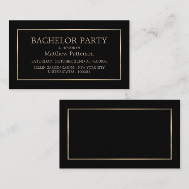 Modern & schlank, Black/Gold Bachelor Party Ticket (Vorne/Hinten)