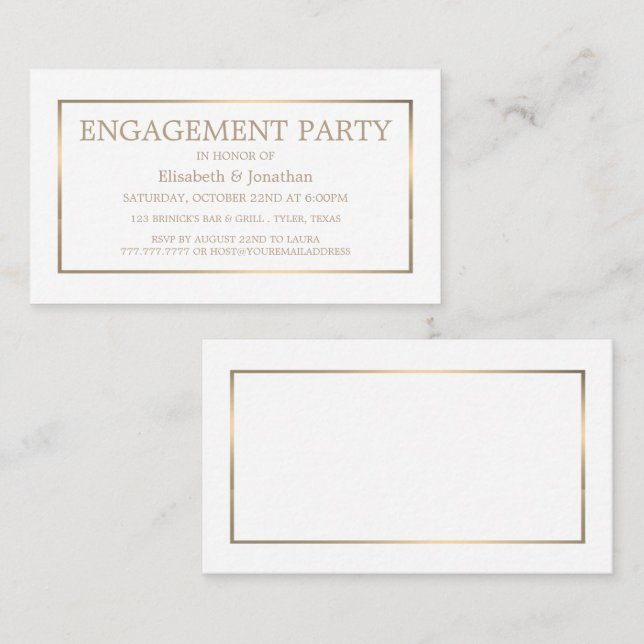 Modern & schlank, White/Gold-Engagement-Party-Tick Visitenkarte (Vorne/Hinten)