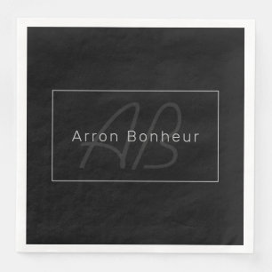 Modern Schwarz & Grau Cooler Name & Monogramm Serviette