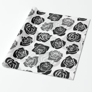 Modern Schwarz Grau Weiß Rosen Blumen Muster Geschenkpapier