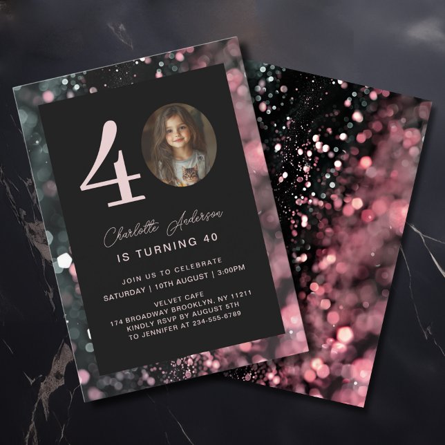 Modern, schwarz, rosa, Glitzer, Foto, 40. Geburtst Einladung (Modern, Black, Pink, Glitter, Photo, 40. Birthday Invitation)