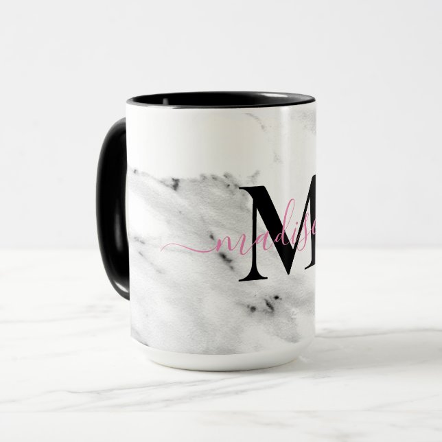 Modern Schwarz-Weiß-Marmor-Muster monogramm Tasse (Vorderseite Links)
