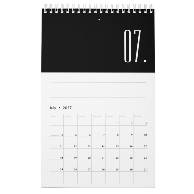 Modern Schwarz-Weiß Minimalistisch  Kalender (Jul 2027)