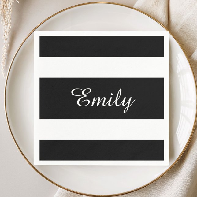 Modern Schwarz-Weiß-Streifen Name Serviette (Modern Black And White Stripes Name Print Napkins)