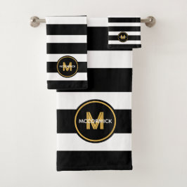 Modern Schwarz-weiß Stripes Monogram Badhandtuch Set