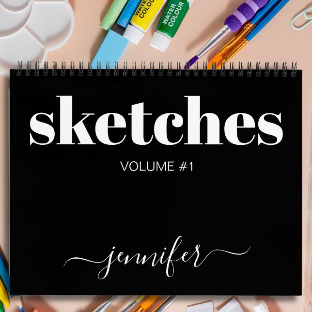Modern Schwarz-weißer Personalisierter Sketchbook  Notizbuch (Von Creator hochgeladen)