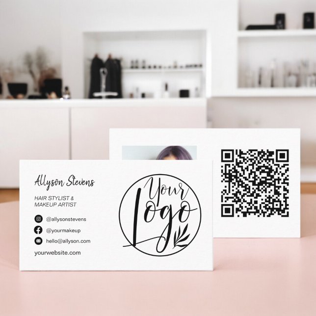 Modern Schwarz-weißes HaarkMake-up Foto Logo qr Visitenkarte (Modern black white hair makeup photo logo qr code business card)
