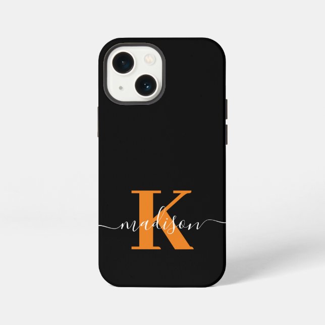 Modern schwarzes und oranges Monogramm iPhone Hülle (Rückseite)