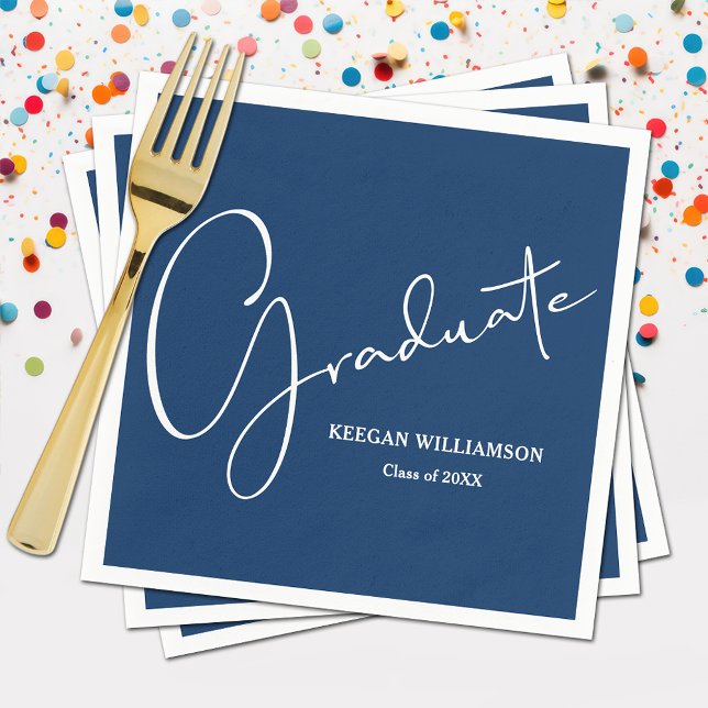 Modern Script Abschluss Blue Serviette (Modern white script on blue   graduation party napkins, paper plates in our store)
