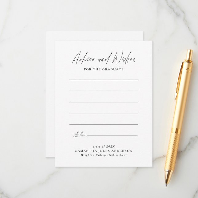 Modern Script Advice and Wishes Graduation Begleitkarte (Vorderseite/Rückseite Beispiel)