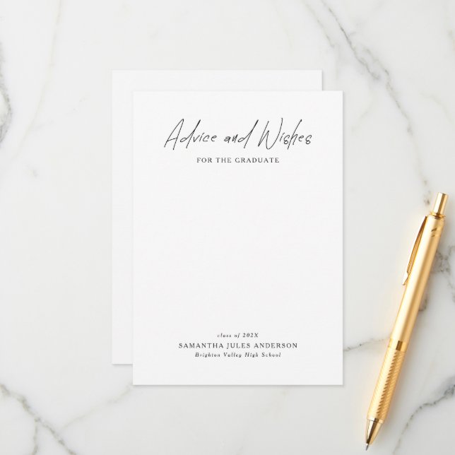Modern Script Advice and Wishes Graduation Hinweiskarte (Vorderseite/Rückseite Beispiel)
