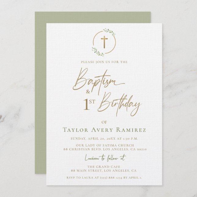 Modern Script Baptism and 1st Birthday Green Gold  Einladung (Vorne/Hinten)