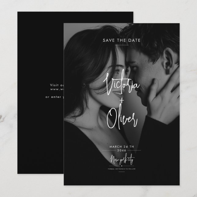 Modern Script Black Editorial Photo Save the Date (Vorne/Hinten)
