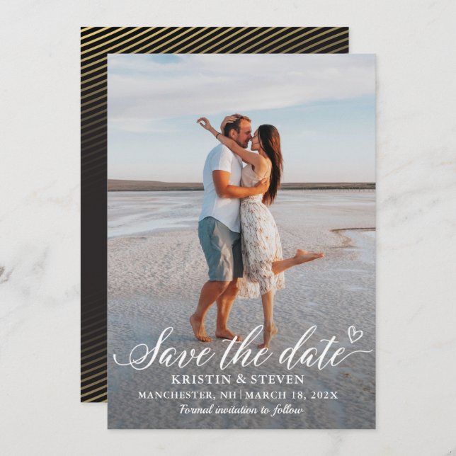 Modern Script Black Gold Foto Save the Date Card (Vorne/Hinten)