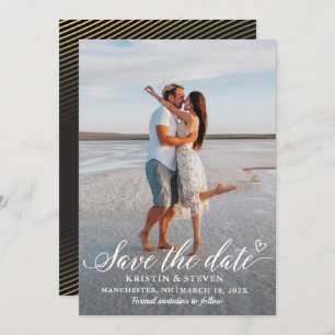 Modern Script Black Gold Foto Save the Date Card
