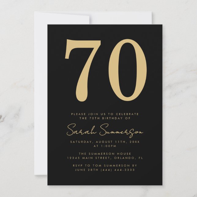 Modern Script Black Gold Seventy 70th Birthday Einladung (Vorderseite)