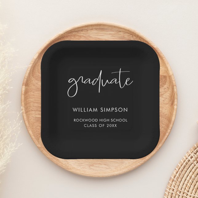 Modern Script Black Graduation Paper Plates Pappteller (Von Creator hochgeladen)