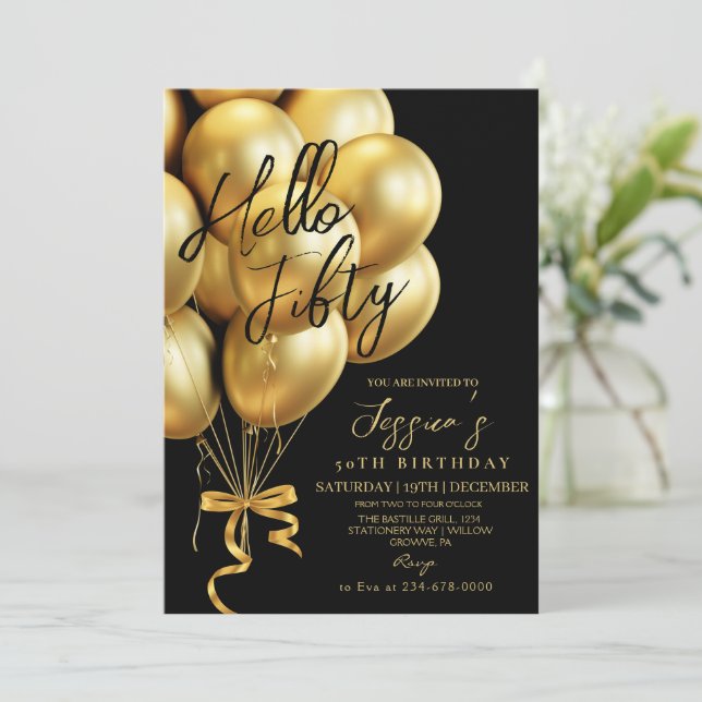 Modern Script Black Hello Fifty Birthday  Einladung (Stehend Vorderseite)