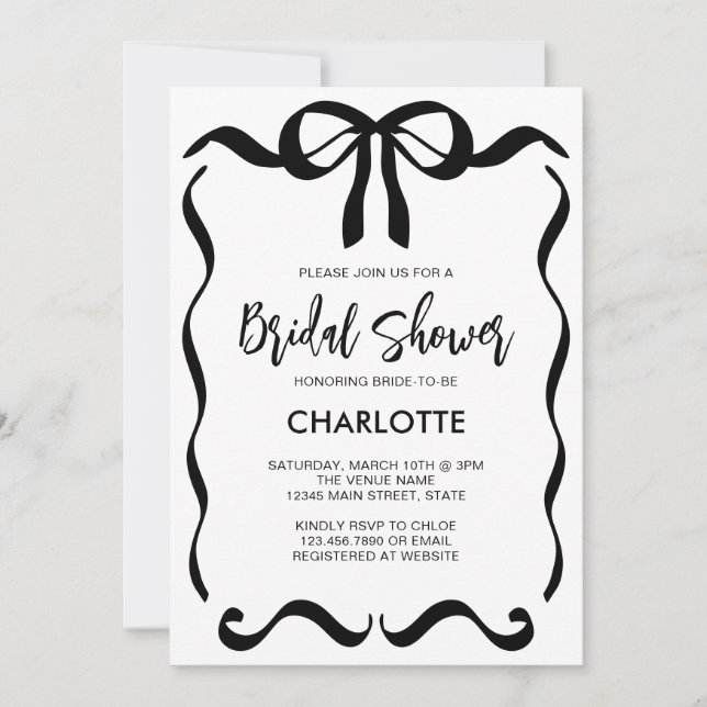 Modern Script Black Ribbon Bow Brautparty Einladung (Vorderseite)