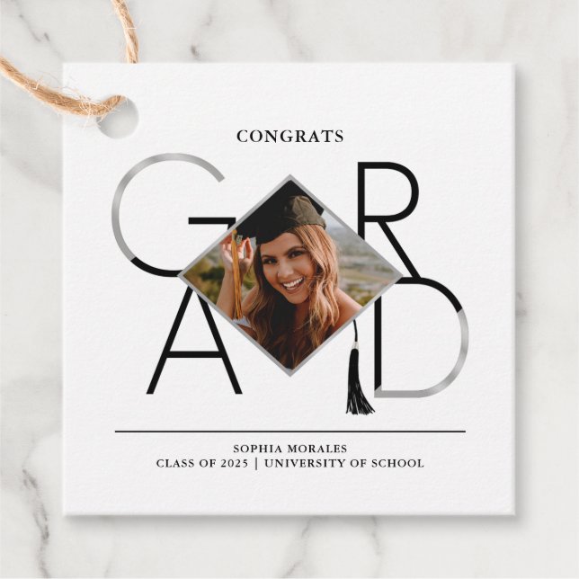 Modern Script Black Silver Tassel Grad Foto Frame Geschenkanhänger (Vorderseite)