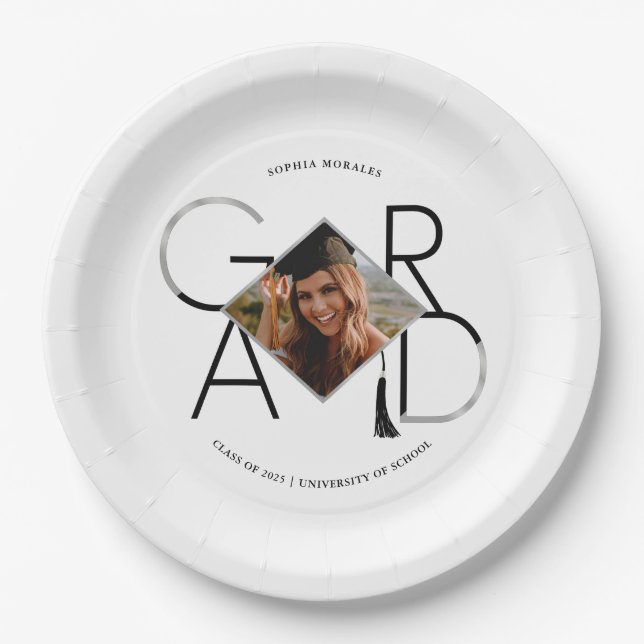 Modern Script Black Silver Tassel Grad Foto Frame Pappteller (Vorderseite)