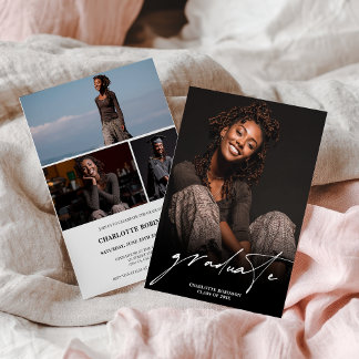 Modern Script Black White 4 Photo Graduation Einladung