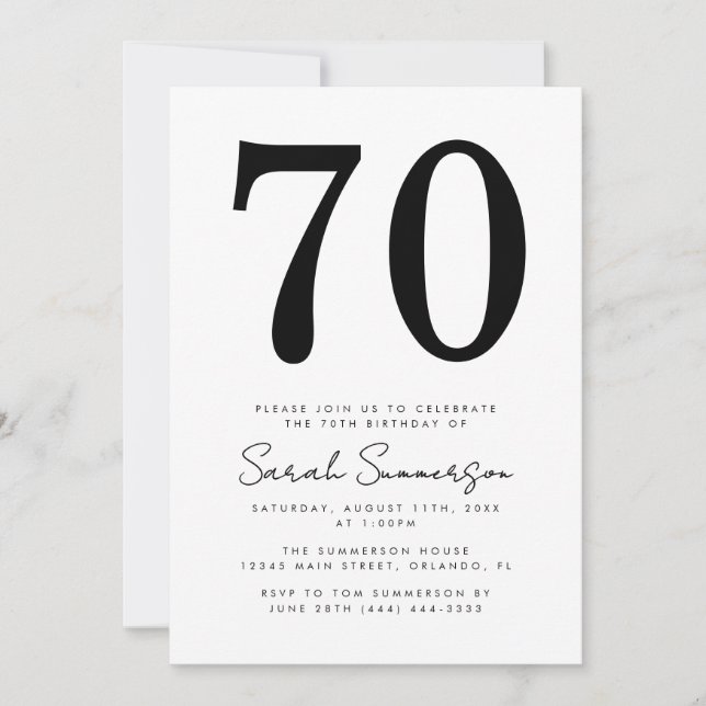 Modern Script Black White Seventy 70th Birthday Einladung (Vorderseite)