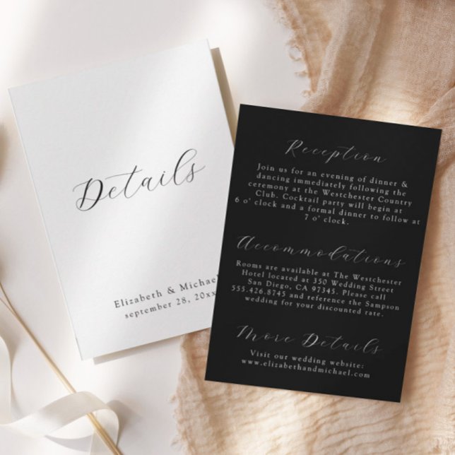 Modern Script Black & White Wedding Details Card Einladung (Von Creator hochgeladen)