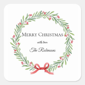 Modern Script Botanical Wreath Christmas Quadratischer Aufkleber