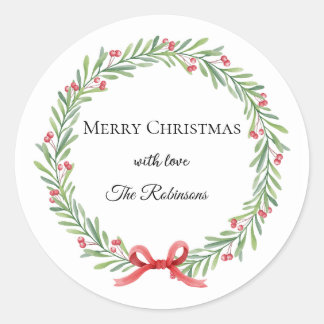 Modern Script Botanical Wreath Christmas Runder Aufkleber