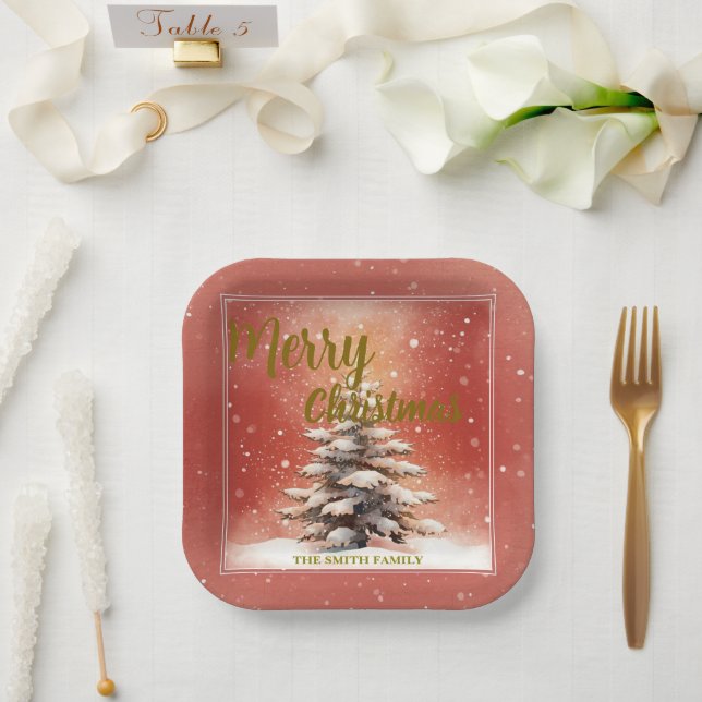 Modern Script Christmas Xmas winter pine tree fore Pappteller (Hochzeit)