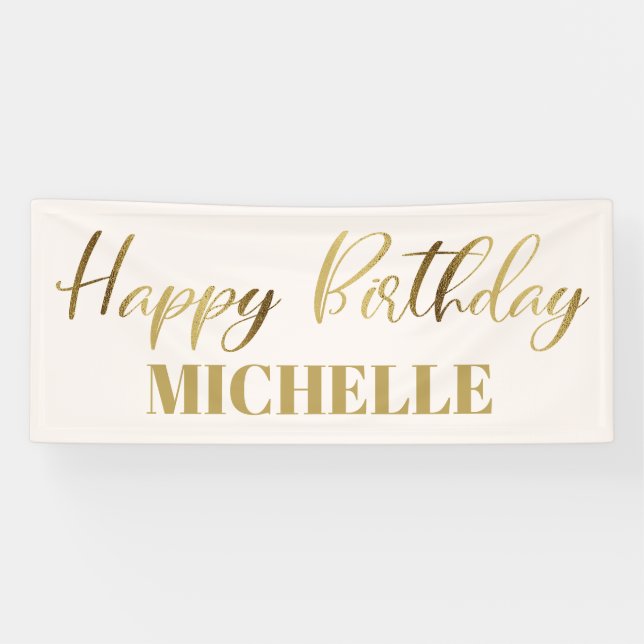 Modern Script Cream White Gold Happy Birthday Banner (Horizontal)